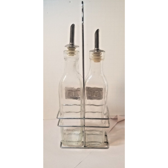 Oil and Vinegar Bottle Cruet Set with Wire Caddy 8.5 oz. Green tint Glass - Picture 3 of 5